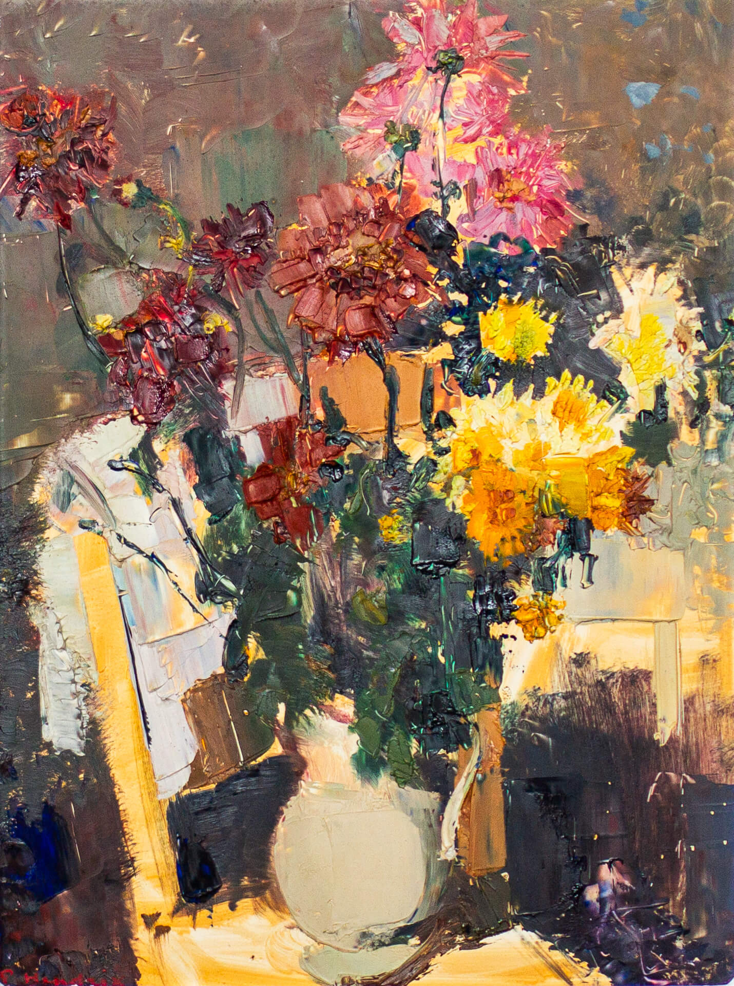 Vaas met bloemen op stoel